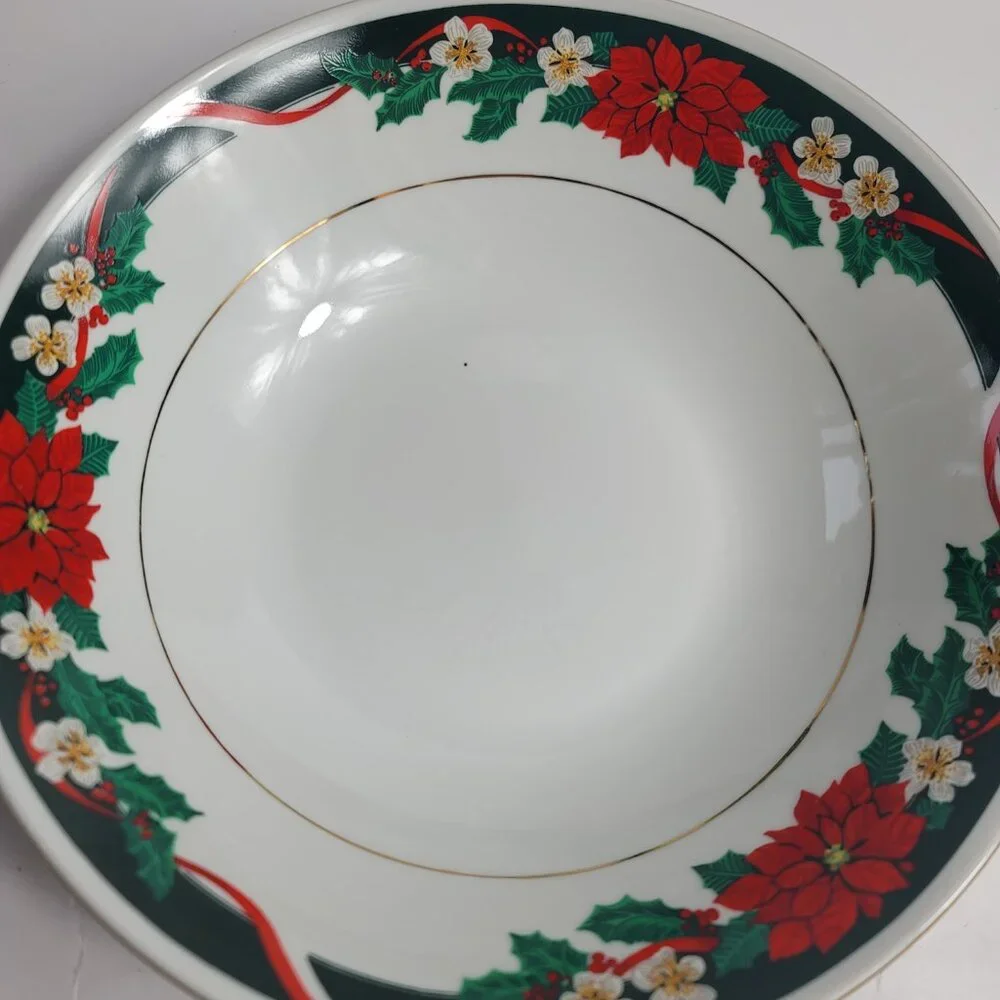 Tienshan Deck the Halls Serving Bowl Poinsettias & Ribbons Christmas China